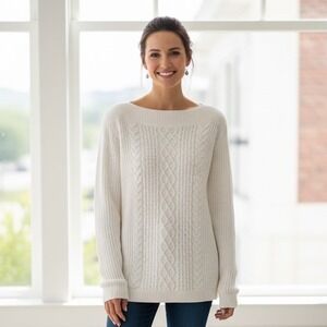 Tommy Hilfiger Women Large Cream White Cable Knit Boat Neck Sweater Cotton Blend